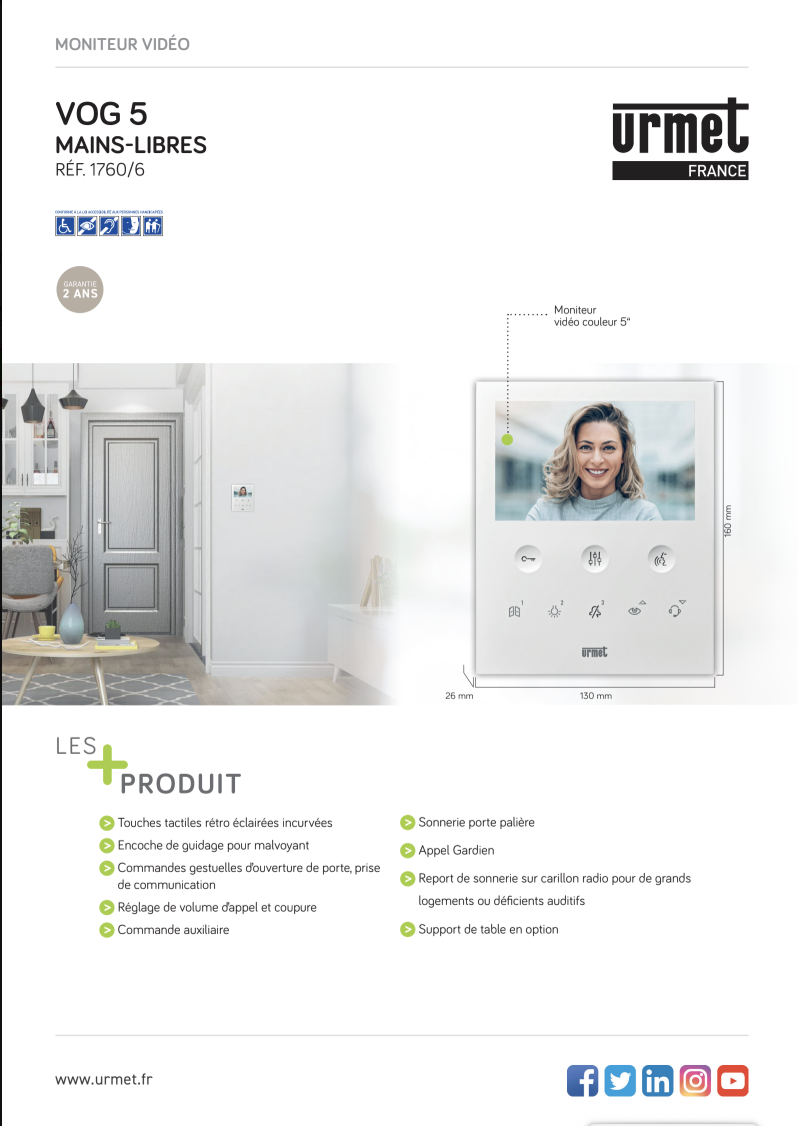 Moniteur vidéo URMET 1760/6 mains libres